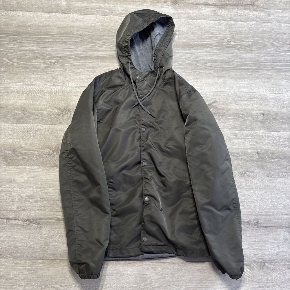 Levi’s Men’s Olive Green Hooded Coach Jacket Nylon Snap Front Lined Windbreaker